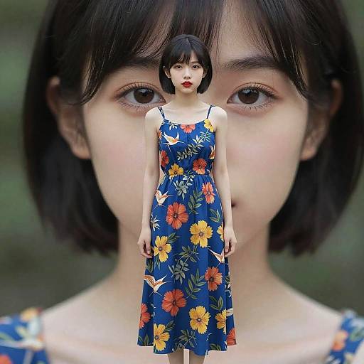 Photorealistic digital image of an Asian woman with short black hair, wearing a blue floral sundress, superimposed over a larger, blurred version
