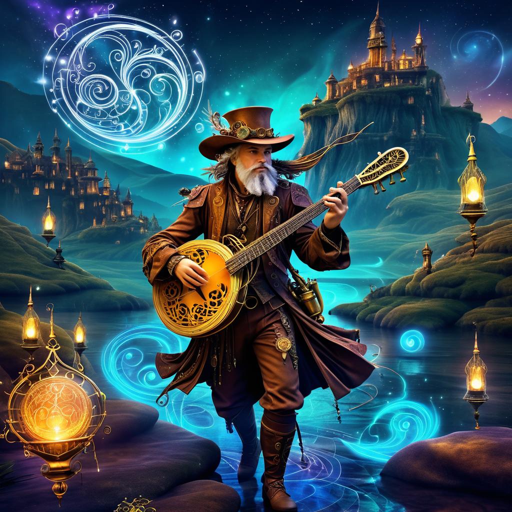 A Steampunk Bard in a Surreal Landscape