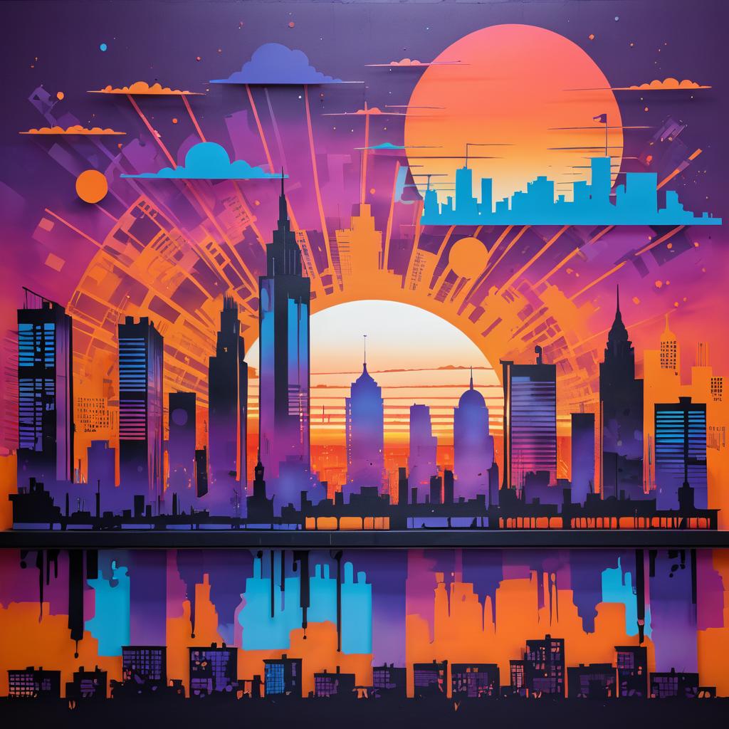 Vibrant City Skyline Mural at Sunset