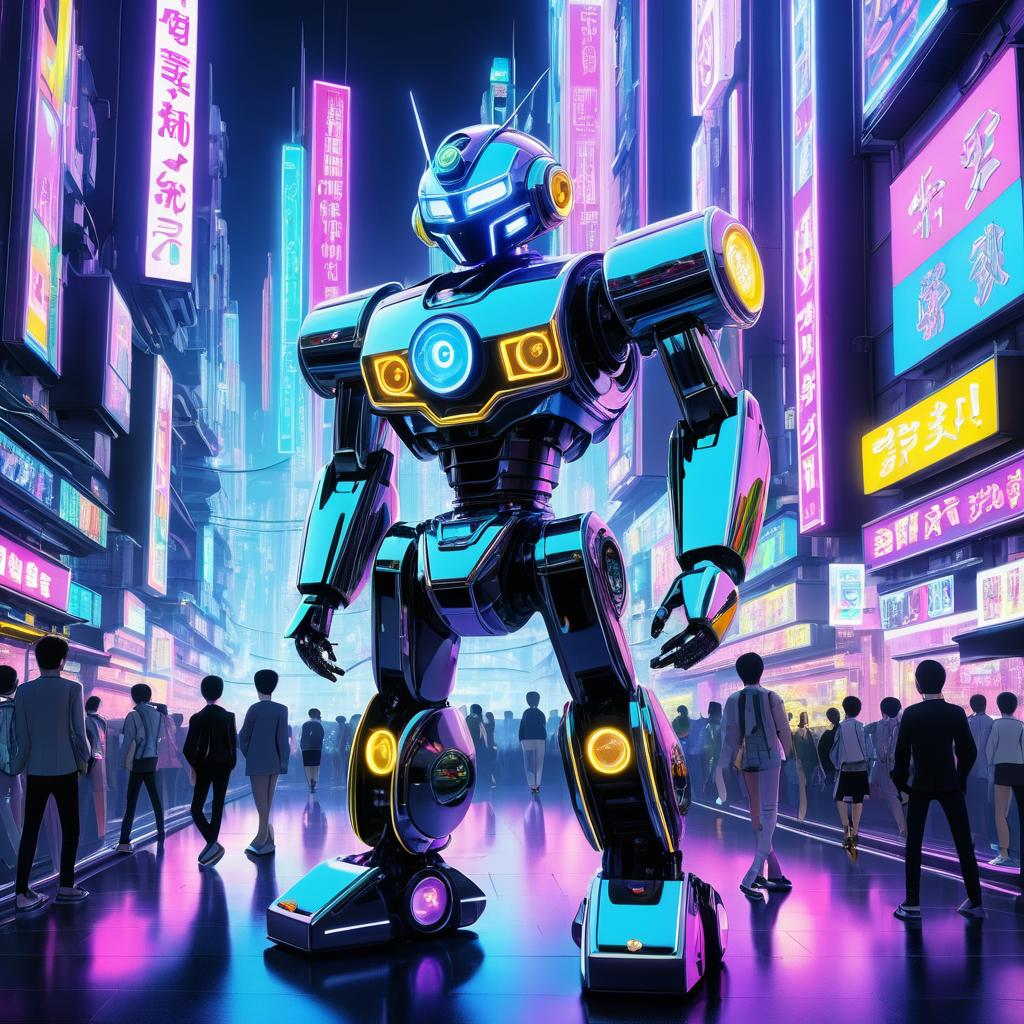 Cheerful Robot in Cyberpunk Wonderland