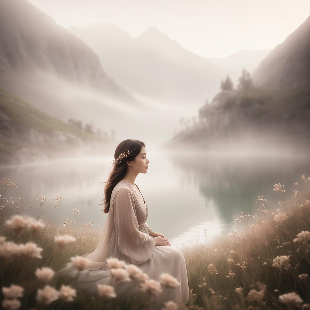 Dreamy Serene Woman in Mountain Landscape