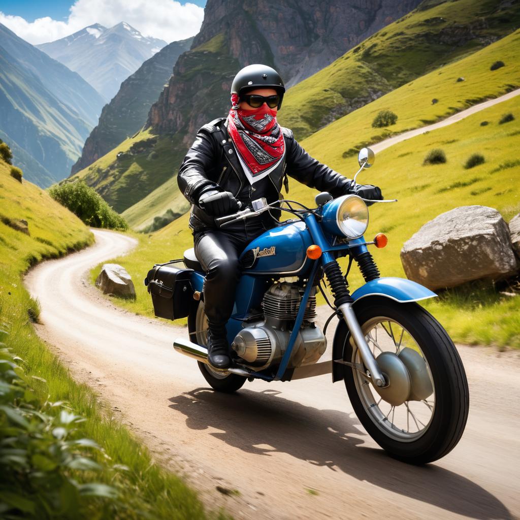 Vintage Moped Rider on Mountain Trail