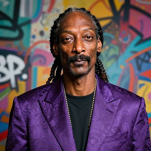 Photograph of a middle-aged Black man with long braids, goatee, wearing a purple patterned blazer over a black shirt, standing against