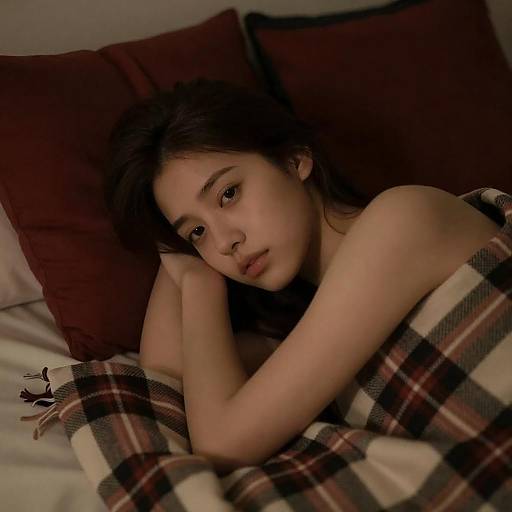 Pensive Young Woman on Plaid Blanket