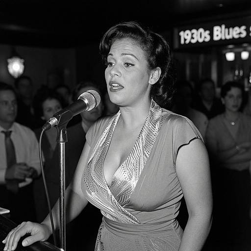 Black-and-white photograph of a curvy woman with dark hair singing into a microphone, wearing a low-cut, silver sequin dress, in a dim