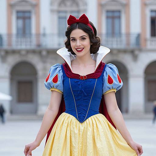 Photograph of a fair-skinned woman with dark, curly hair, wearing a Snow White costume with blue bodice, yellow skirt, red bow,