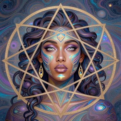Digital art of a dark-skinned woman with glowing blue and purple face paint, wearing gold earrings, framed by a golden geometric pattern, against a swirling