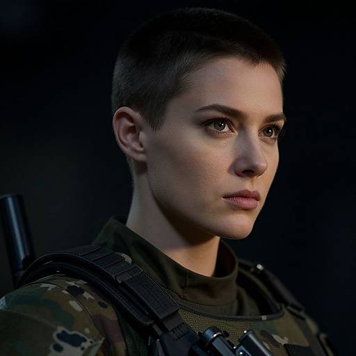 Photograph of a serious, short-haired woman in military camouflage gear, with a dark background, looking to the side, showcasing her focused expression.