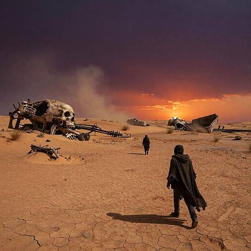 Photograph of a desolate desert sunset with a dark-cloaked figure walking towards skeletal remains and wreckage, under a dramatic, fiery sky.