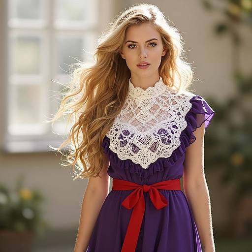 Elegant Woman in Purple Dress with Lace and Red Ribbon