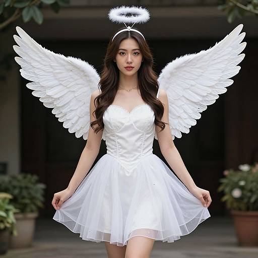 Photograph of an Asian woman with long brown hair, wearing a white angelic dress, halo, and large white feather wings, standing outdoors with p
