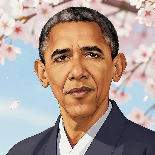 Digital portrait of an older Asian man with short gray hair, wearing a dark blue kimono, set against a background of blooming cherry blossoms.
