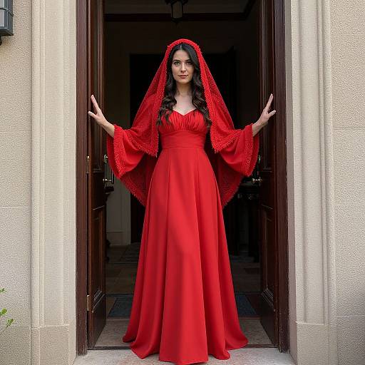 Photograph of a woman with dark hair in a red, floor-length gown and matching veil, standing in a doorway, arms outstretched.