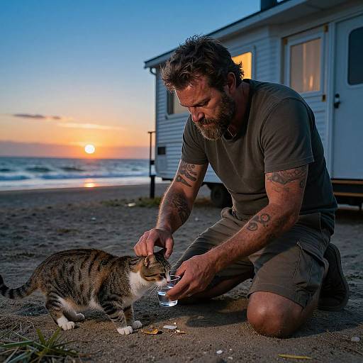 Bearded man with tattoos, kneeling on sandy beach at sunset, gently touching a striped tabby cat's head while it eats food.