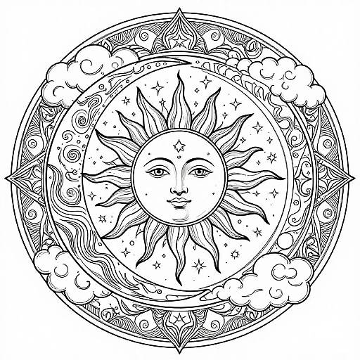 Black-and-white line drawing of a sun with a human-like face, surrounded by stars, clouds, and intricate patterns within a circular frame.
