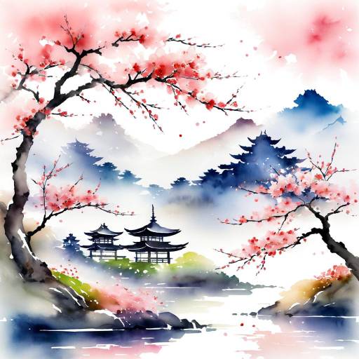 Traditional Japanese Watercolor Sakura Landscape