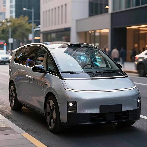 Photograph of a silver self-driving car with glowing blue dashboard display, driving on a city street with modern buildings and pedestrians in the background.