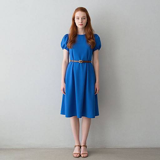 Photograph of a fair-skinned, red-haired woman in a blue, puffed-sleeve, knee-length dress with a black belt and brown