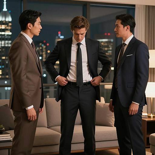 Three Men in Suits in High-Rise Apartment at Night