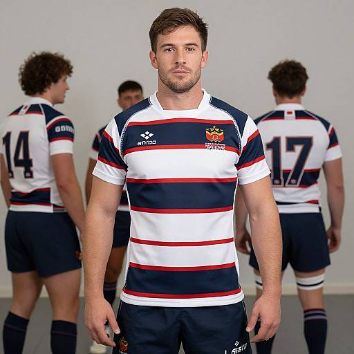 Photograph of a muscular, fair-skinned male rugby player with short brown hair, wearing a navy, white, and red striped jersey, standing in