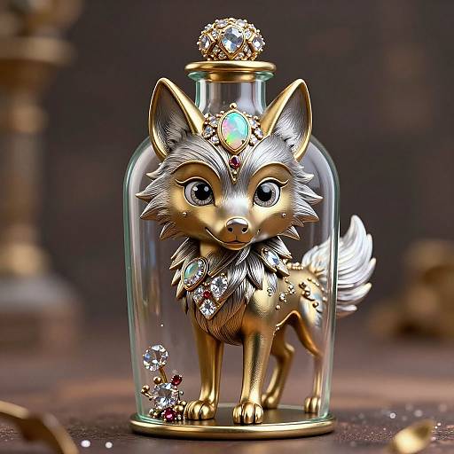 Digital artwork of a golden, jeweled, and glass-encased, cute, wide-eyed fox with a turquoise gem on its forehead, set against