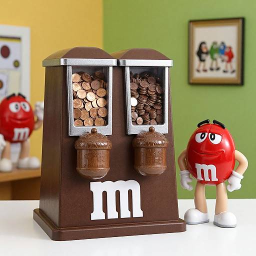 Photograph of a chocolate-themed money box with two compartments, filled with coins, and two red, cartoonish 