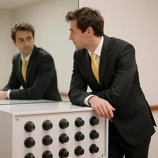 Man in Suit Leaning on Electronic Device