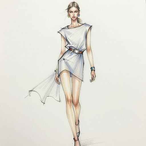 Digital sketch of a confident, blonde, fair-skinned woman in a white, sleeveless, belted dress, walking forward, with red lipstick and