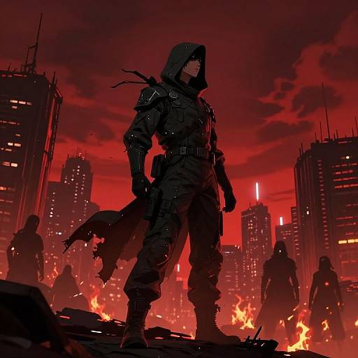 Digital art of a silhouetted armored warrior in a red, fiery cityscape, standing confidently amidst flames and tall buildings. Dark hood, tactical