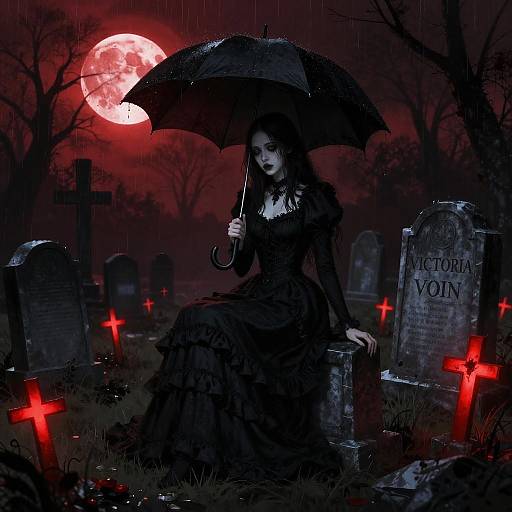 Gothic Woman in Rainy Cemetery