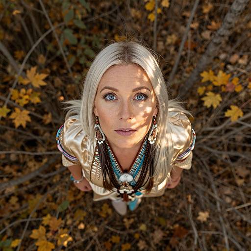 Photograph of a blonde woman with blue eyes, wearing a gold and brown outfit with turquoise beads, looking up from a forest floor covered in autumn leaves