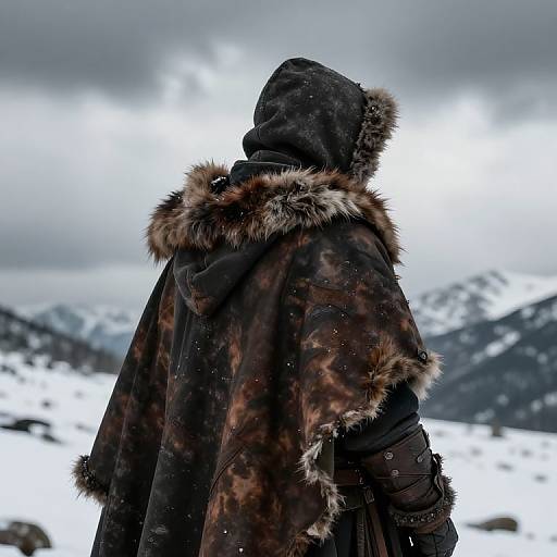 Photograph of a person in a dark, fur-trimmed parka, hood up, standing in a snowy, mountainous landscape under cloudy skies