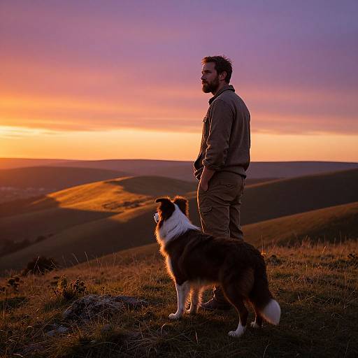 Photograph of a bearded man in brown pants and jacket, standing on a hill with a Border Collie, watching a vibrant sunset over rolling hills