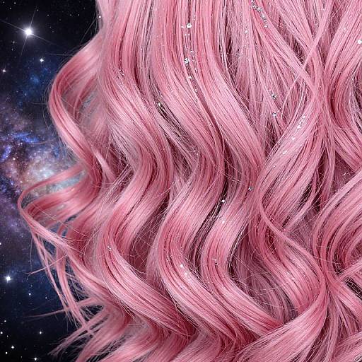 Digital artwork of wavy pink hair with sparkling highlights against a star-filled, cosmic background. The hair dominates the right side, with the galaxy on the