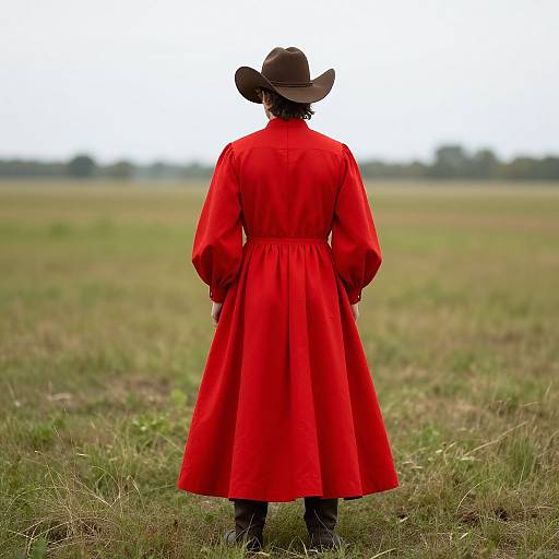 Photograph of a person in a vibrant red, long-sleeved, flowing dress and brown hat, standing with back to camera in a grassy