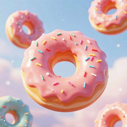 Photorealistic CGI of floating pink-glazed donuts with colorful sprinkles against a bright blue sky with soft white clouds.