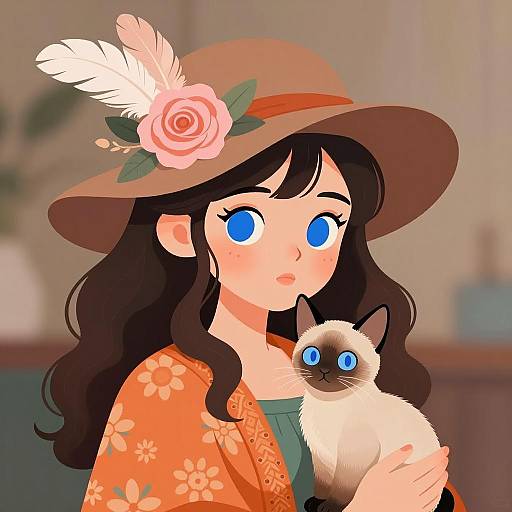 Whimsical Girl with Kitten Illustration