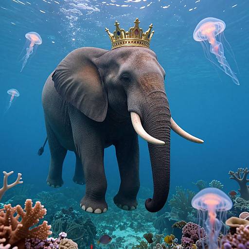 Photograph of a regal elephant wearing a golden crown, swimming underwater surrounded by glowing jellyfish and colorful coral reefs.