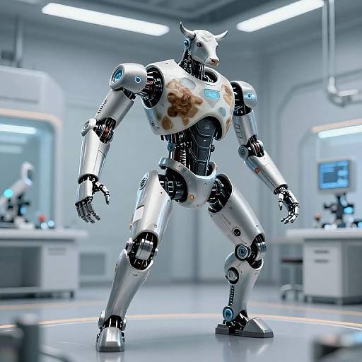 Photorealistic CGI of a silver, cow-headed humanoid robot with brown patches, standing in a futuristic, brightly lit laboratory.