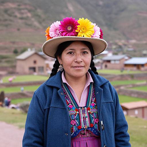 Photograph of an indigenous Andean woman with braided hair, wearing a colorful flower hat, embroidered blouse, and blue jacket, standing in a rural