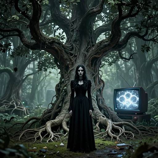 Digital artwork: Gothic woman in black dress stands before massive, twisted tree with exposed roots; vintage TV displaying glowing symbol to right. Dense, misty