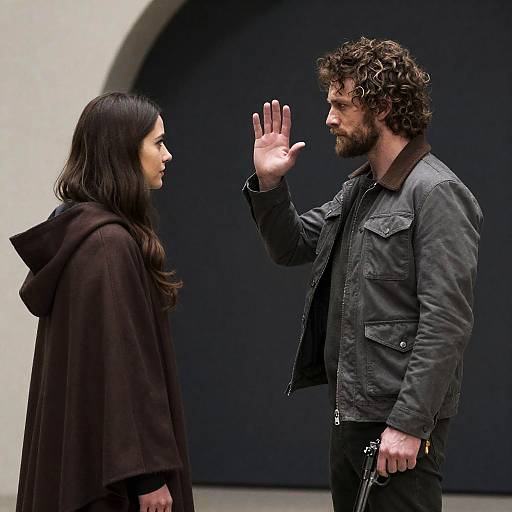 Man with Gun Facing Woman in Hooded Cloak