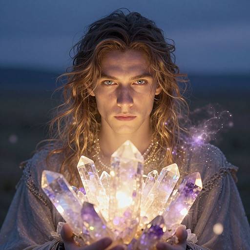 Photograph of a long-haired, blue-eyed man holding glowing, crystalline rocks against a twilight sky, wearing a shimmery, medieval-style robe