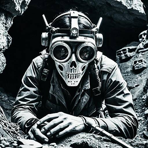 Android Archaeologist in Skull Mask Exploring Prehistoric Cave