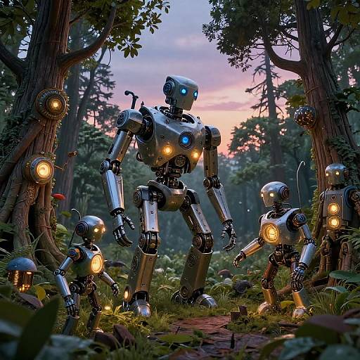 Photorealistic CGI: Metallic robots with glowing blue and yellow eyes in a twilight forest, surrounded by tall trees and lush greenery.