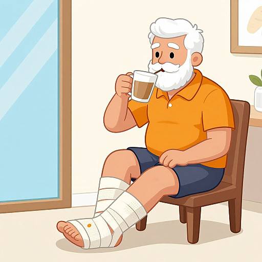 Cartoon Man Bandaged Ankle Drinking Latte