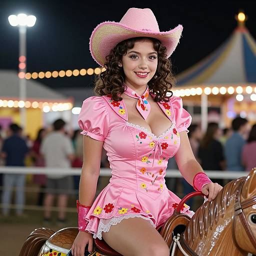 Photograph of a curly-haired woman in a pink cowboy hat and floral pink outfit, sitting on a wooden horse at a nighttime fair, with blurred lights