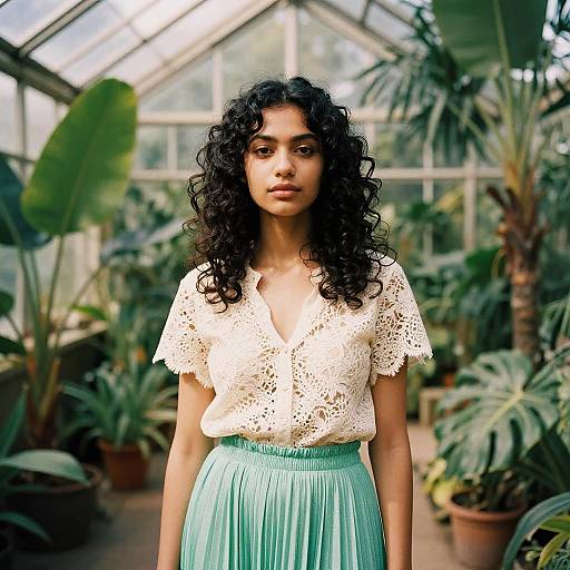 Photograph of a young woman with curly black hair, wearing a white lace top and mint green pleated skirt, standing in a lush, sunlit