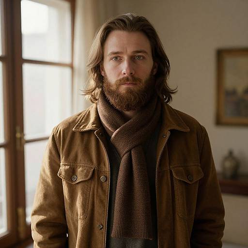 Photograph of a bearded man with long brown hair, wearing a brown corduroy jacket and scarf, standing in a sunlit room.