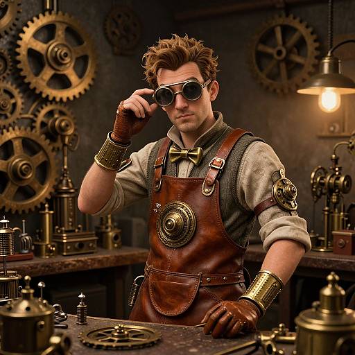 Steampunk man with brown leather apron, goggles, brass cuffs, and brown gloves adjusts glasses in a gear-filled, dimly-lit workshop